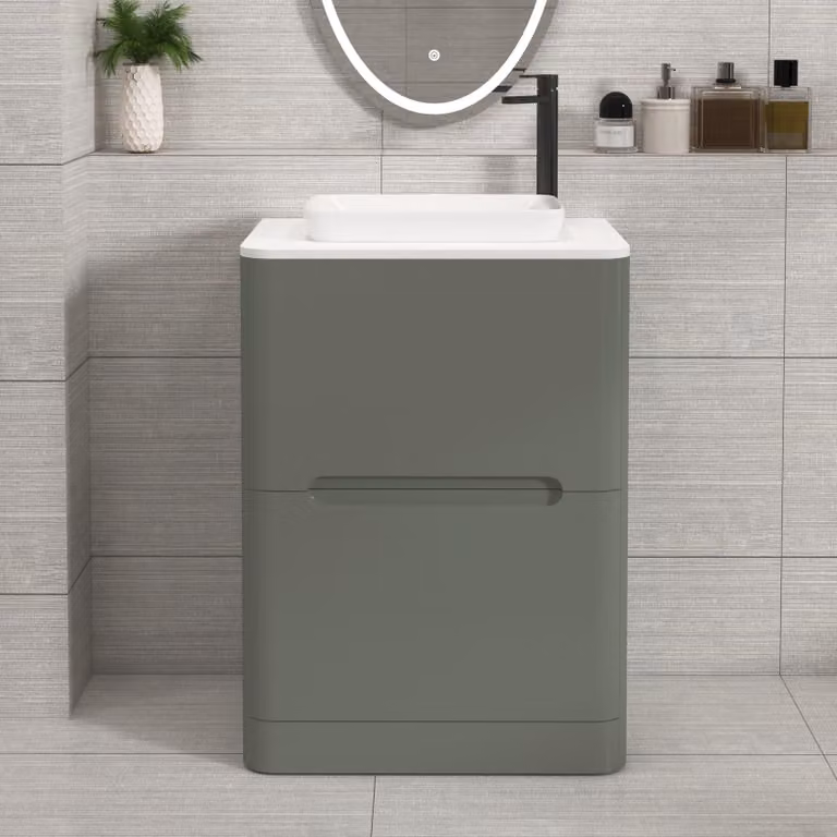 Royal Bathrooms Venice 600mm Sage Green Floor Standing Vanity Unit with 2 Drawers, Plain White Worktop and Qubix Basin