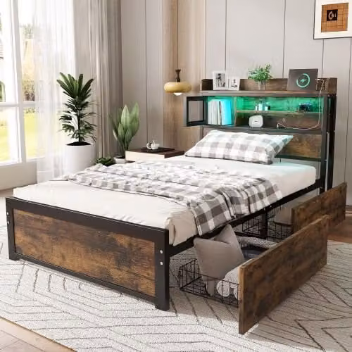 Matteo Metal Single Bed in Black with LED Light Strip, 2 Drawers and USB Charging Ports, W/D/H: 90 x 190 x 83.5 cm