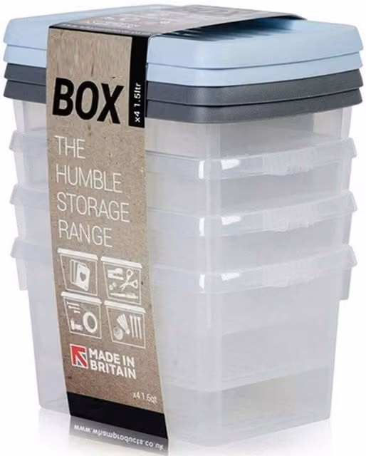 Wham Set of 4 Stackable 1.5L Small Storage Boxes with Lids, Transparent with Blue and Grey Lids, W/D/H: 18 x 12.5 x 10.5 cm