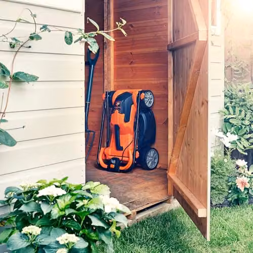 LawnMaster MX 24V 34cm Cordless Lawnmower in Orange with Rechargeable Battery, Fast Charger, Mulching Kit and Collection Bag – 6