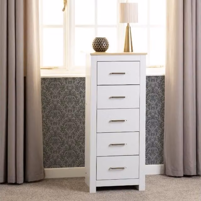Seconique Portland 5 Drawer Narrow Chest in White