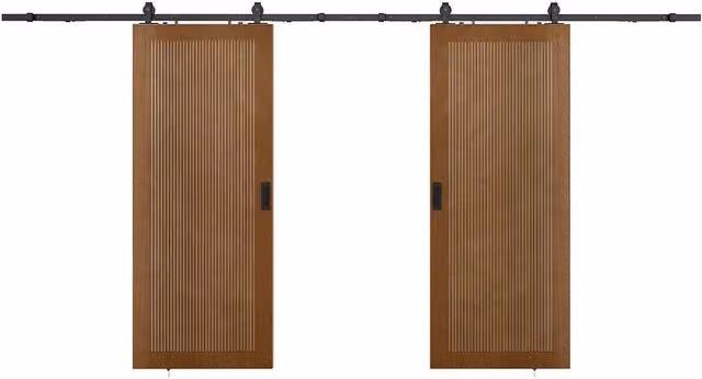 Vente-unique Double Sliding Door in Dark Natural Walnut MDF and Steel, Surface Mount, Reversible