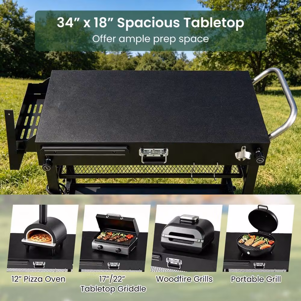 Costway 3-Tier Folding Metal Grill Cart with Wheels and Hooks in Black – 8