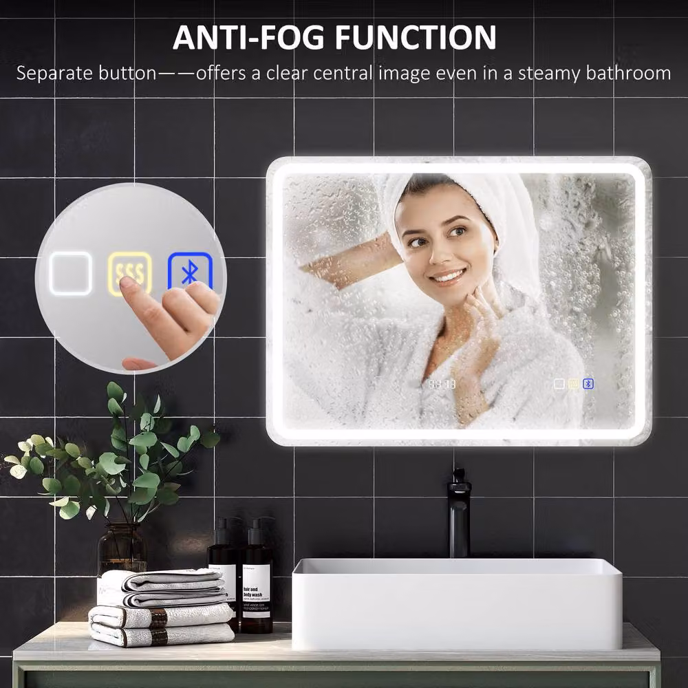 STILVORA Modern Rectangular Wall Mounted Bathroom Mirror with Dimmable LED Lighting, Bluetooth and Touch Switch in Silver – 9