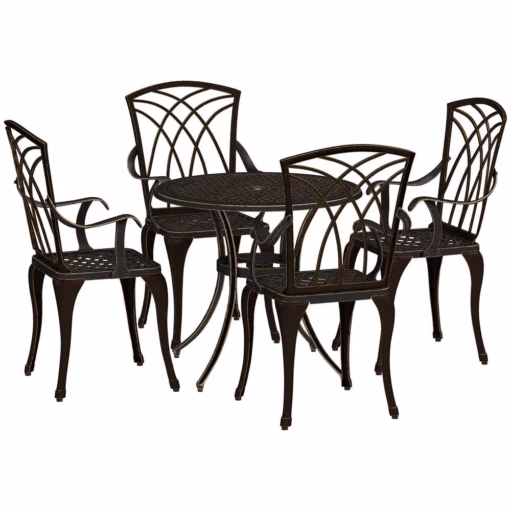 STILVORA 5 Piece Round Garden Dining Set with Parasol Hole in Matt Bronze Powder Coated Aluminium – 6