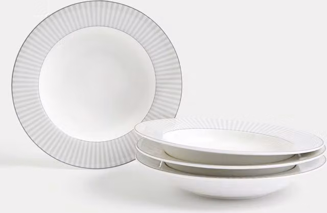 M&S Set of 4 Hampton Bone China Pasta Bowls in Grey Mix Striped