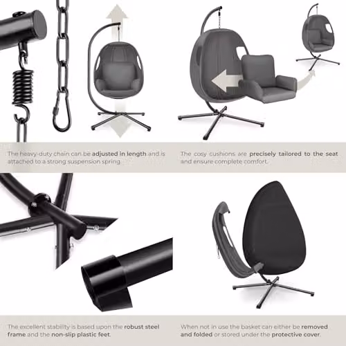 tectake Hanging Egg Chair with Steel Stand and Thick Cushions in Anthracite Grey – 6