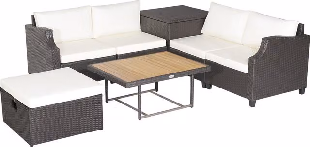 Costway 7 Piece Modern White PE Wicker Outdoor Furniture Set with Acacia Wood and Metal Frame