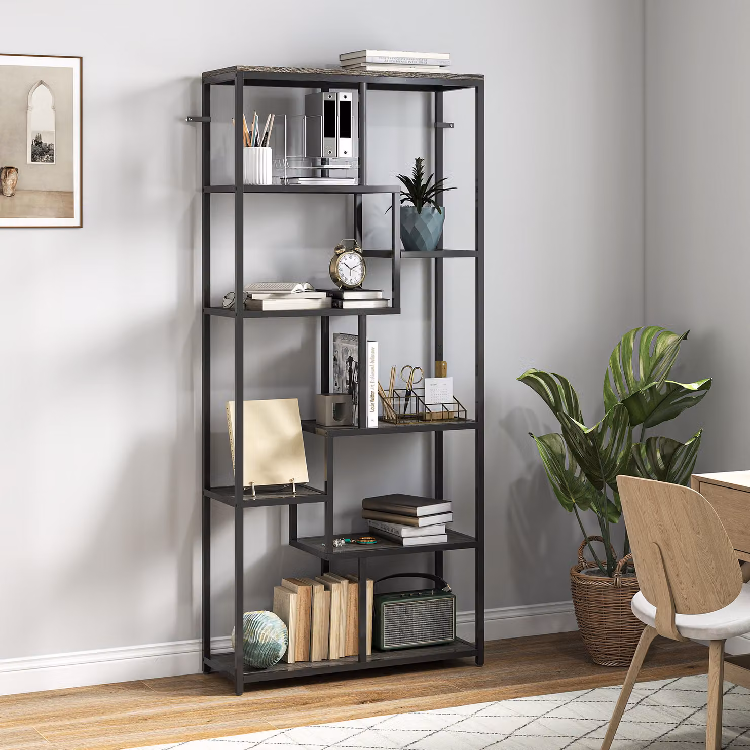 HOMCOM Seven-Tier Geometric Metal Bookcase in Grey and Black – 2