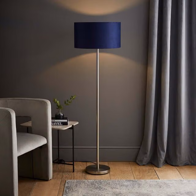 Charlie Chrome Floor Lamp with Navy Blue Fabric Cylinder Shade