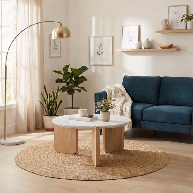 FurnitureboxUK Solia Round White Oak and Marble Coffee Table in Brown and White
