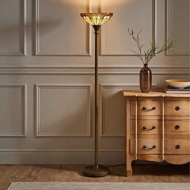 ValueLights Tiffany Inspired Jewel Metal and Glass Uplighter Floor Lamp in Gold/Brass