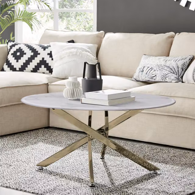 FurnitureboxUK Novara Round Coffee Table with White Marble Effect Glass Top and Gold Metal Legs