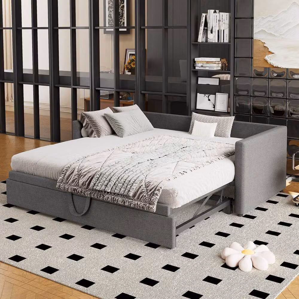 ModernLuxe Upholstered Single Daybed with Pull Out Bed, Converts to Double Bed in Grey, W/D/H: 190 x 90 x 73 cm – 3