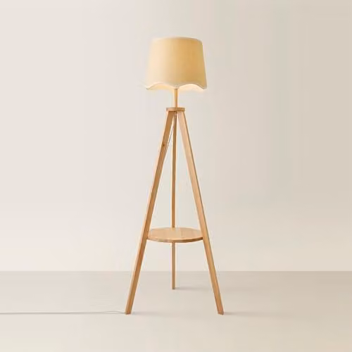 ValueLights Morrigan Natural Wood Tripod Floor Lamp with White Fabric Cone Shade – 1