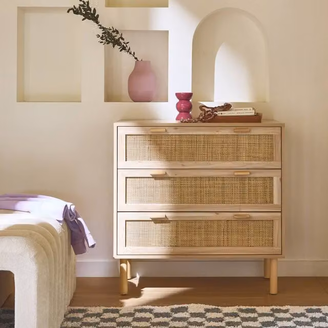 sweeek 3-Drawer Cane and Wood Effect Chest in Light Brown, W/D/H: 80 x 40 x 80 cm – 1