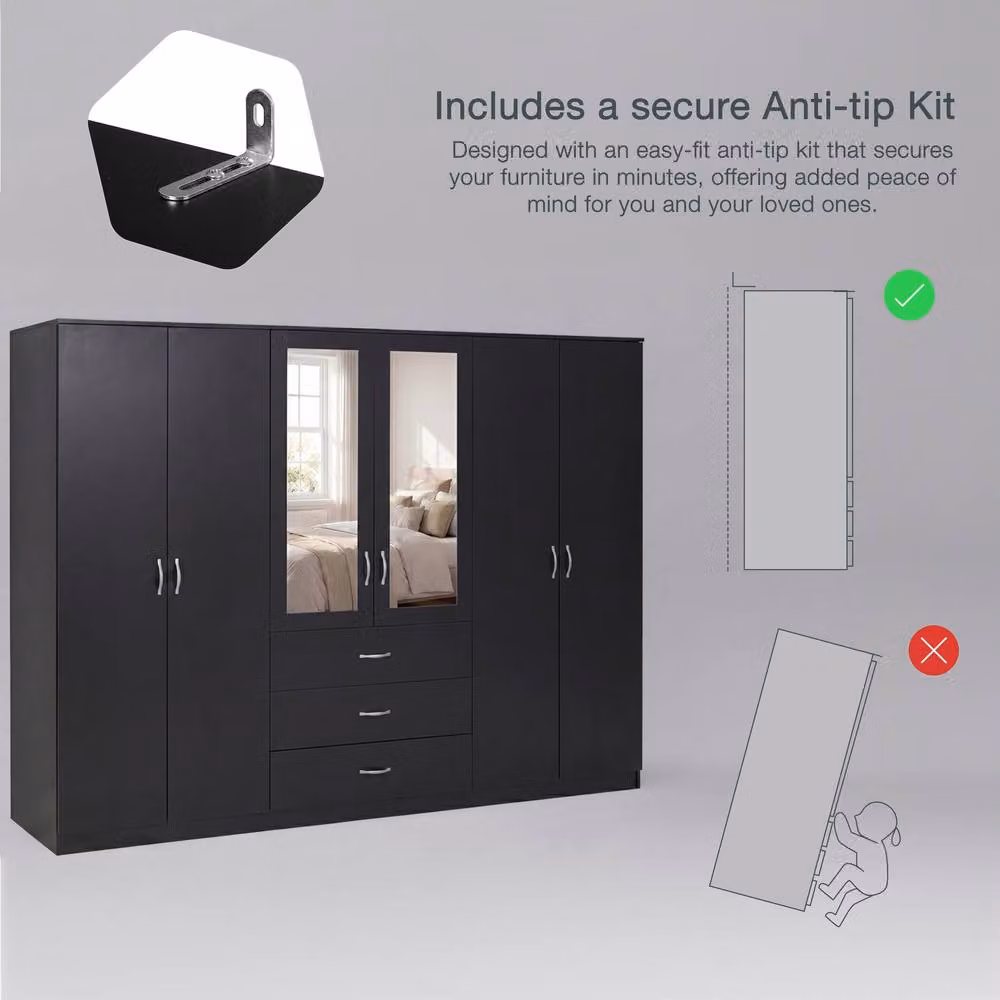 Vida Designs Riano 6 Door 3 Drawer Mirrored Wardrobe in Black – 4