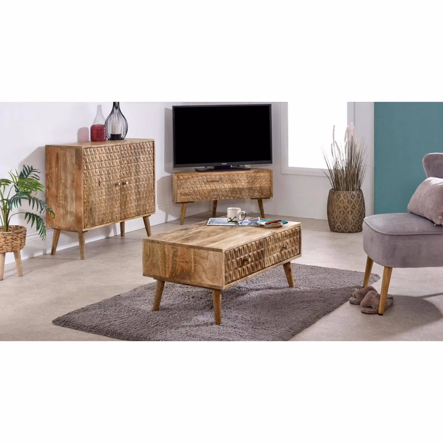 IH Design Ryley Mango Wood 2 Door Sideboard in Sand and Brown, W: 80 cm, H: 85 cm, D: 38 cm – 2