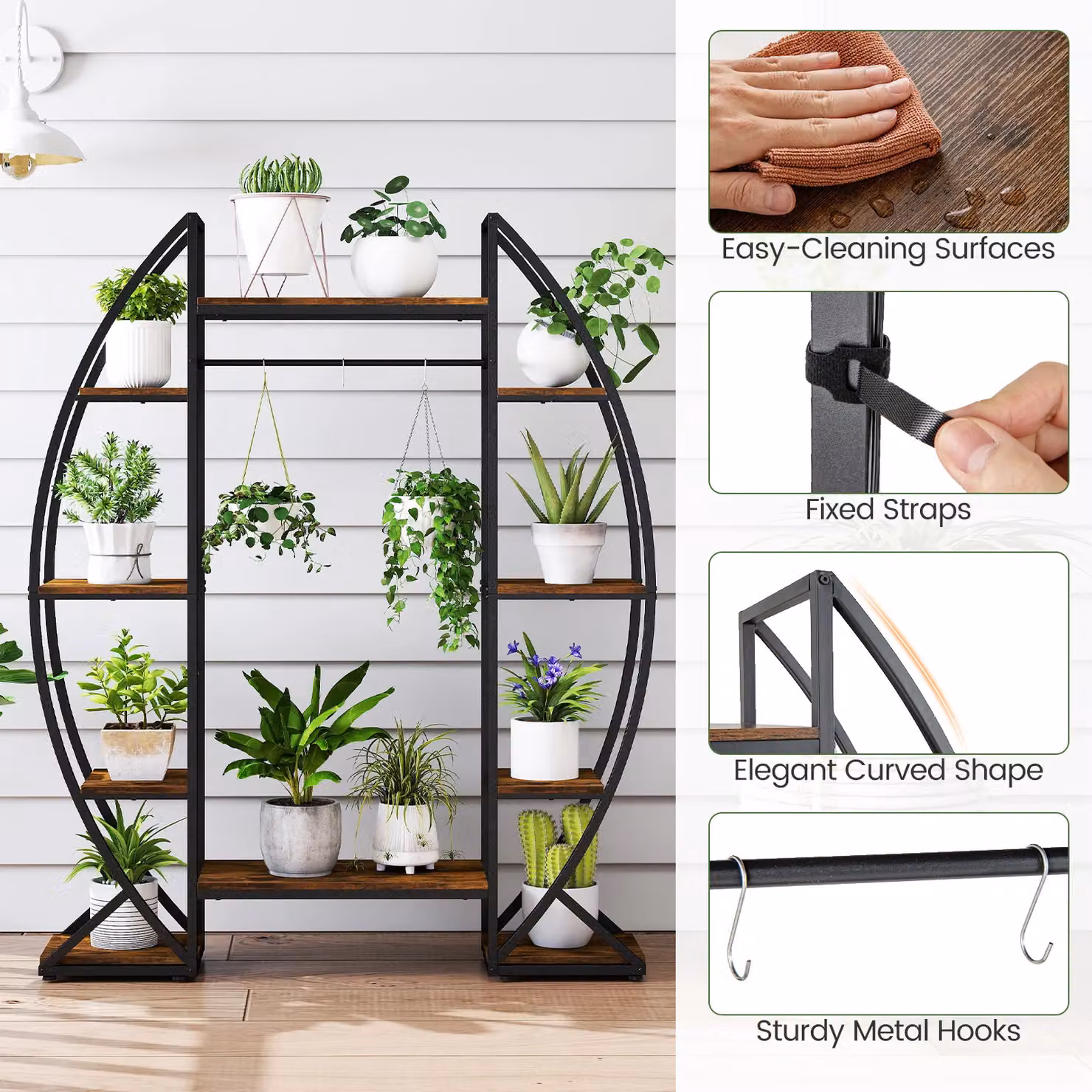 Gymax 10-Tier Corner Metal Indoor Plant Stand with Grow Lights in Brown – 8