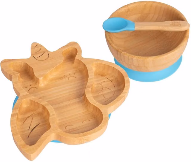 Tiny Dining 3-Piece Unicorn Bamboo and Silicone Suction Feeding Set in Blue