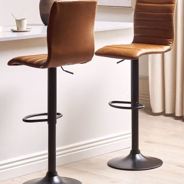 Wyld and Coco Set of 2 Golden Brown Faux Leather Bar Chairs with 360 Degree Swivel and Height Adjustable Metal Base – 1