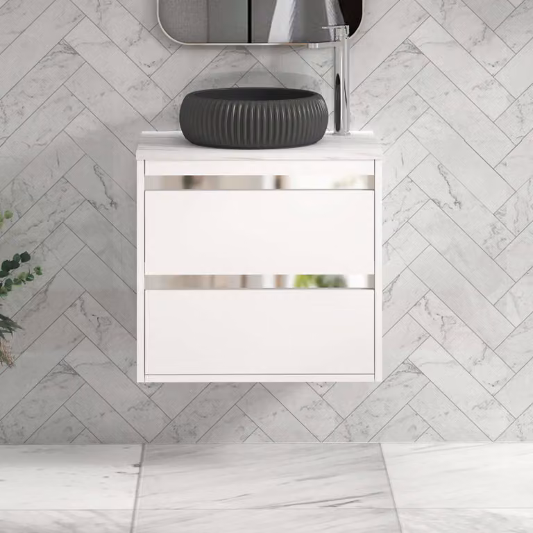Royal Bathrooms Orion 600mm Matt White Wall Hung Vanity Unit with 2 Drawers, Milan Black Basin and Chrome Accent Trim