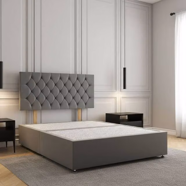 Regional Furnishings Small Double Upholstered Plush Velvet Divan Bed with 24 inch Headboard in Grey, W/D/H: 120 x 200 cm