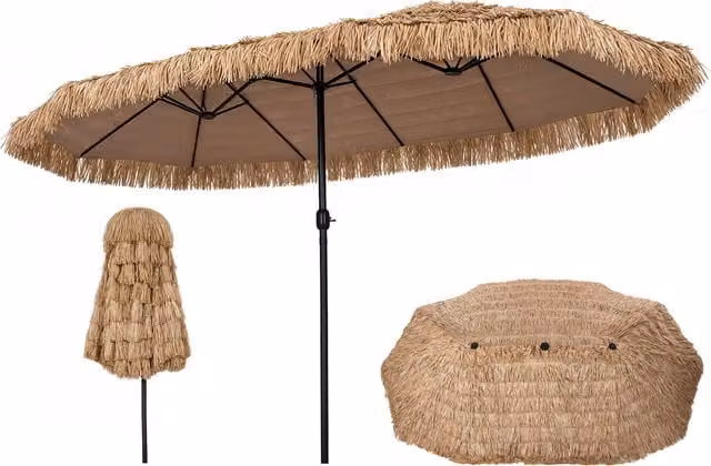 COSTWAY Solar Double-sided Cantilever Patio Umbrella in Brown