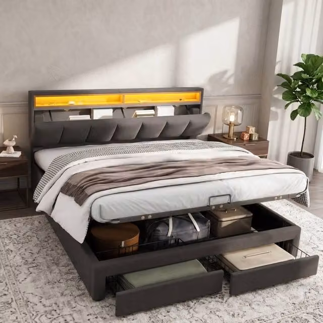 Rolipo Grey Linen Upholstered King Size Bed with LED Headboard, Bedside Shelf and Lift-Up Storage, W/D/H: 180 x 200 cm – 1