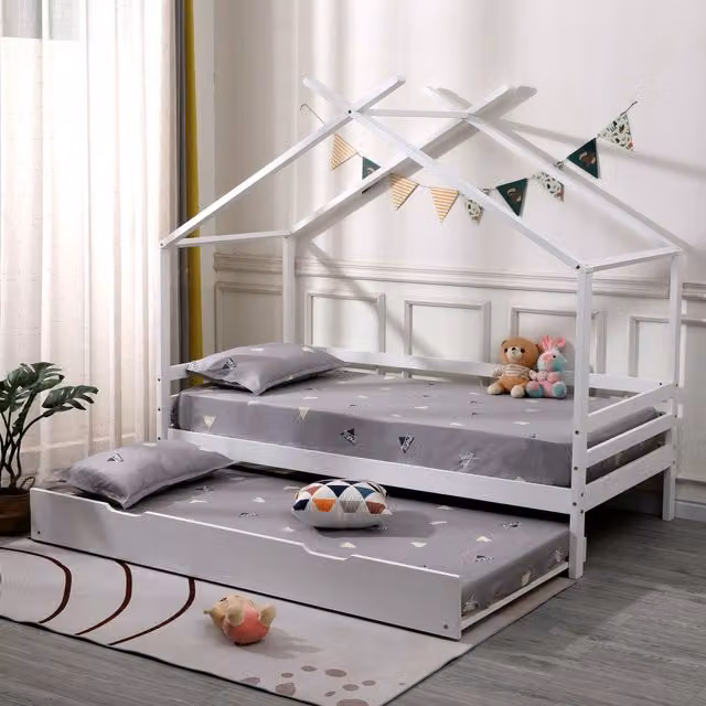 SlumberWorx Teddy Kids Single Bed Frame with Guest Trundle in White Solid Pine Wood