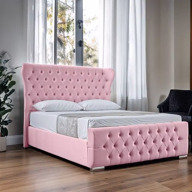 UK Bed Furniture Isabella Pink Velvet Upholstered Slatted Base Bed with 48 Inch Wingback Headboard, W/D/H: 90 x 190 cm