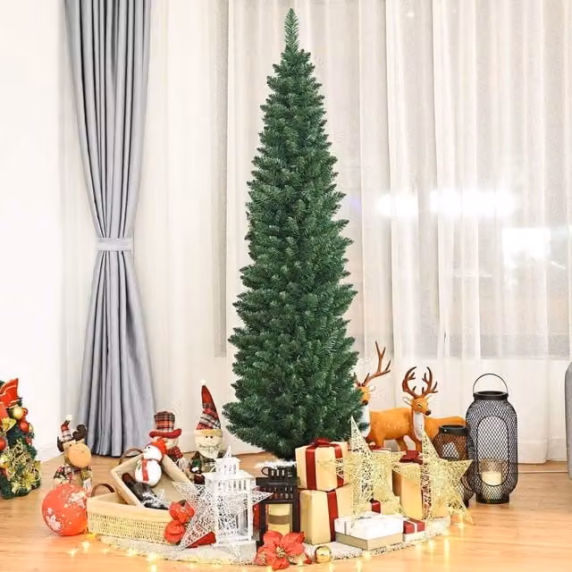 Shatchi Green Artificial Flocked Slim Christmas Pencil Tree with Metal Stand