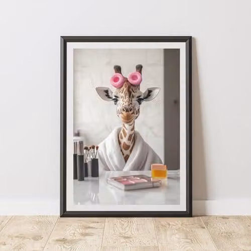 60 Second Makeover Giraffe Makeup and Rollers Illustration Paper Poster, Multicolour, A3
