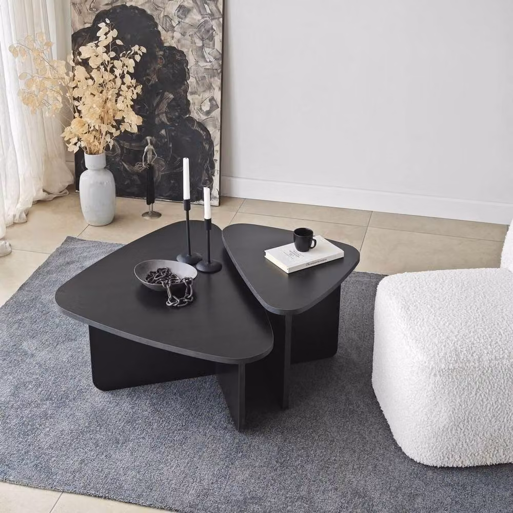 CALICOSY Set of 2 Black Triangular Coffee Tables with Rounded Edges, W: 90 cm, D: 60 cm, H: 35 cm – 2