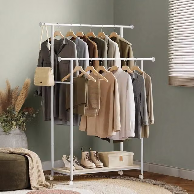 SONGMICS Portable Clothes Rack with Storage Shelf in White