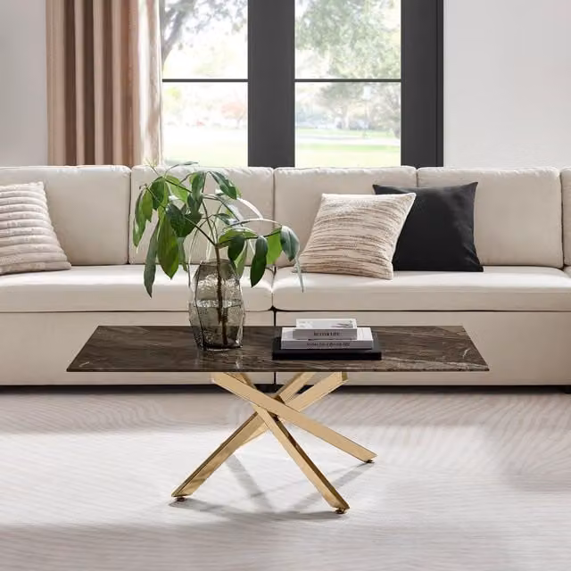 FurnitureboxUK Leonardo Rectangular Marble Effect Glass Top Coffee Table with Gold Metal Starburst Legs in Grey