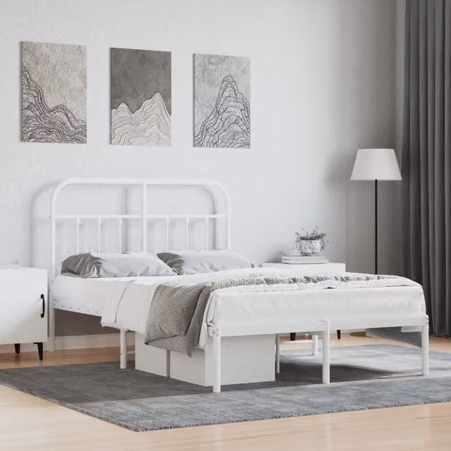 Berkfield Home Metal Bed Frame with Headboard in White, W/D/H: 120 x 190 cm Small Double