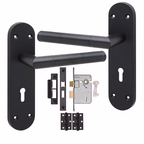 Golden Grace Mitred Lever Lock Door Handle Set with Long Rounded Backplate in Matt Black