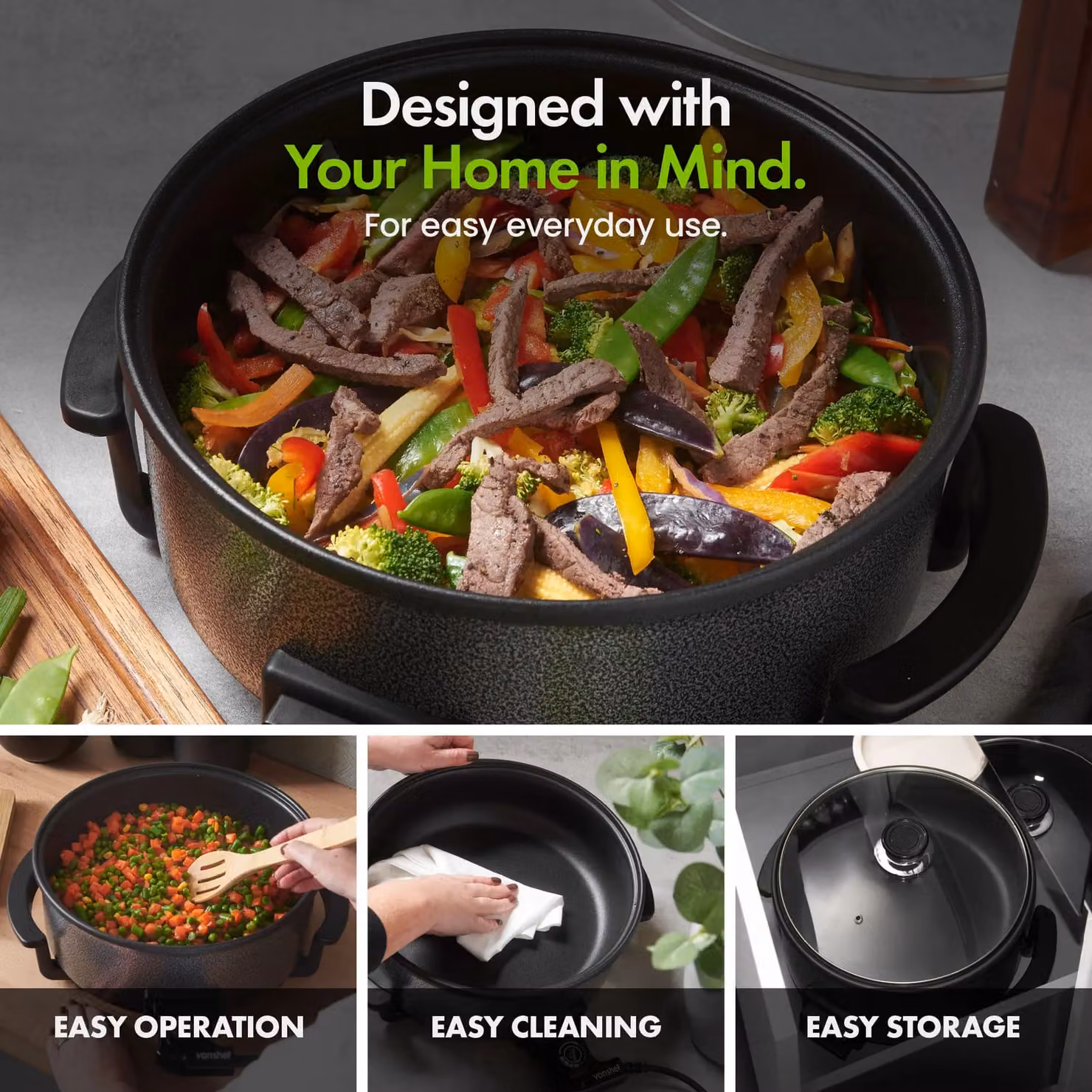 VonHaus 6L Round Electric Frying Pan with Glass Lid in Black – 4