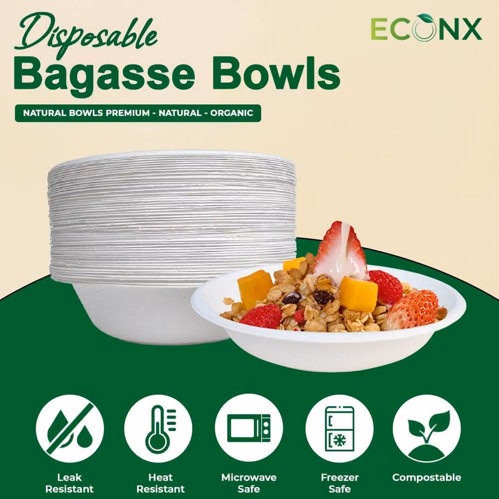 ECONX Biodegradable Bagasse Disposable Party Bowls, White, 50 Pieces – 2