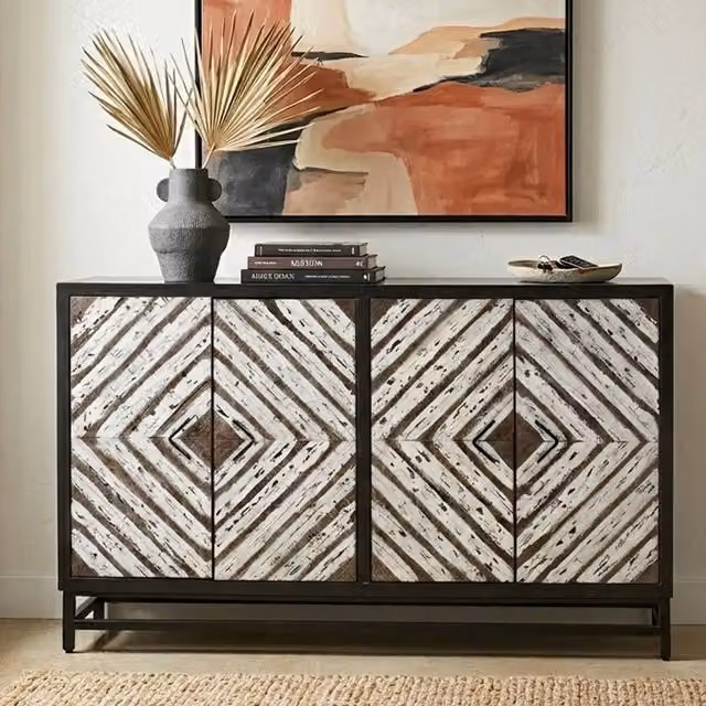 Orsina Modern Black Four Door Sideboard with Geometric Pattern and Internal Shelving – 1