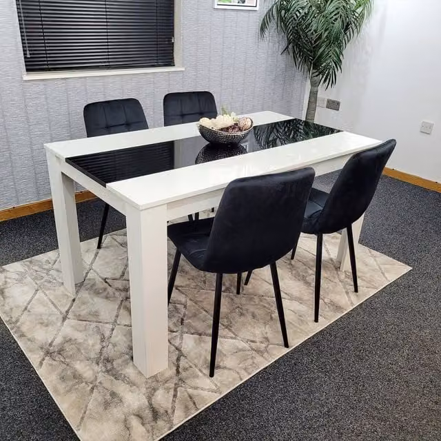 Kosy Koala Modern Dining Table Set with 4 Black Velvet Chairs and White Glass Top, W/D/H: 140 x 80 x 75 cm