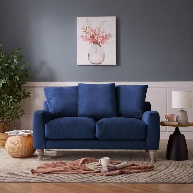 Grove 2-Seater Sofa in Navy Blue Velvet with Feather Filled Scatter Back Cushions