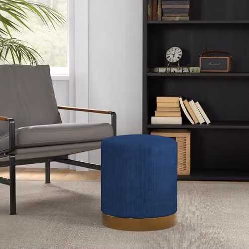 HOMCOM Modern Round Corduroy Fabric Footstool in Blue, W/D/H: 40 x 40 x 45 cm – 2