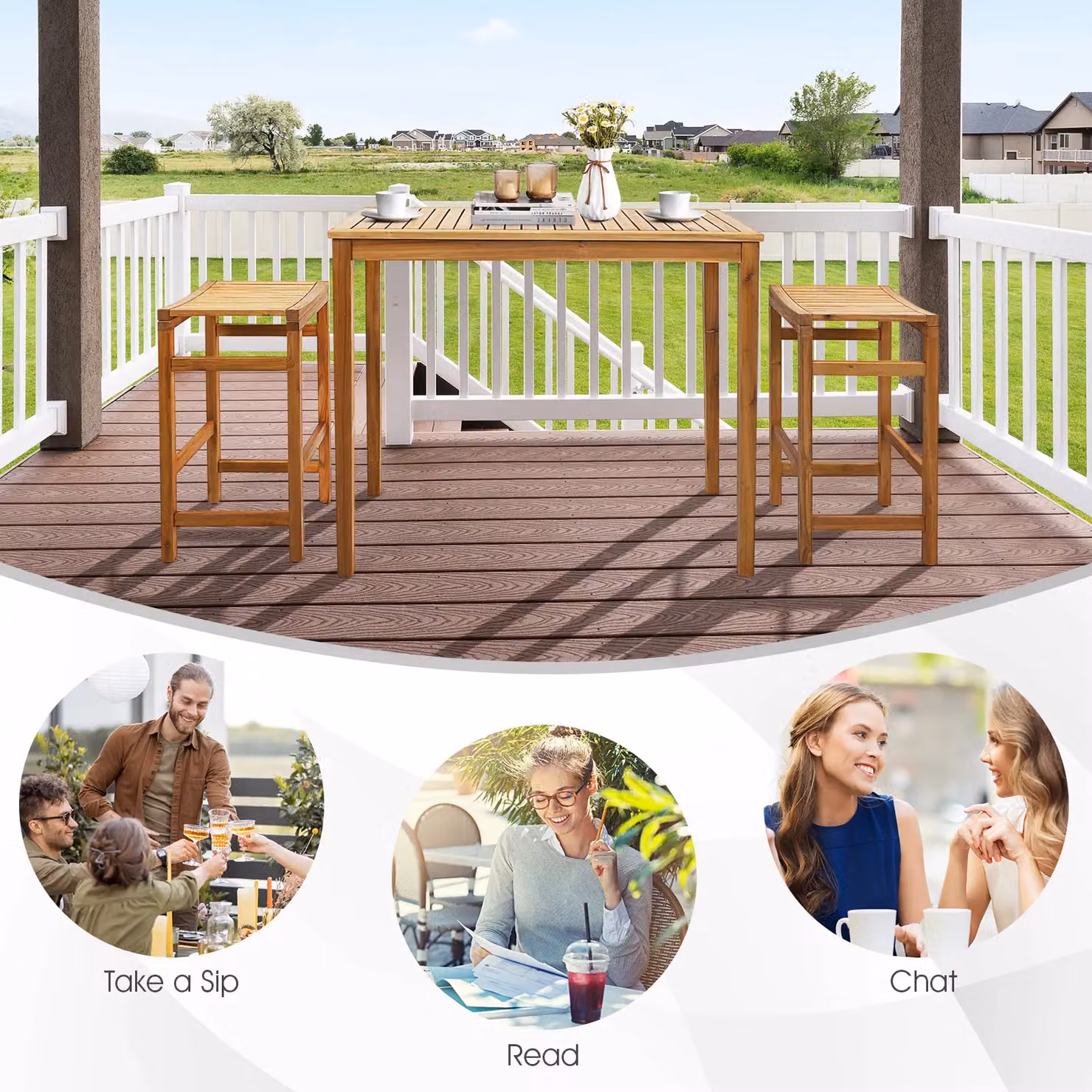 Gymax Acacia Wood Outdoor Bar Height Rectangular Pub Table in Khaki – 2