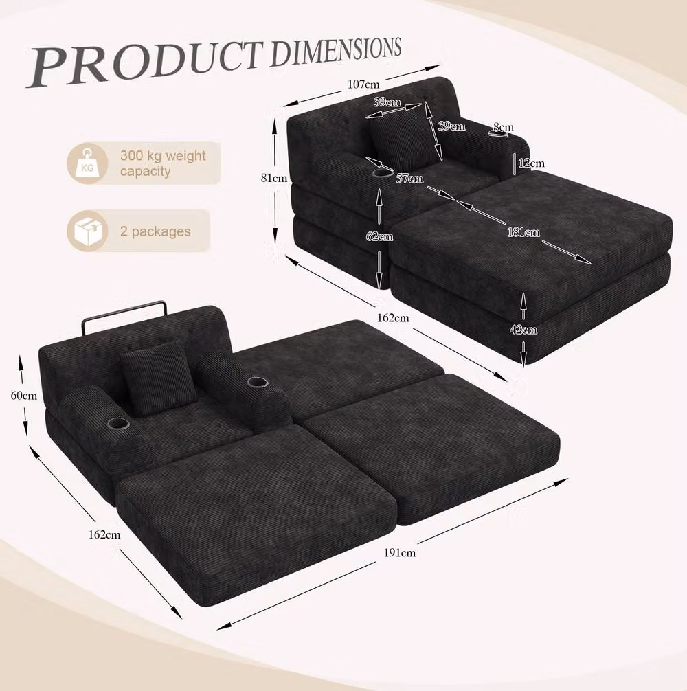 STILVORA Black Sleeper Chair Sofa with Cup Holders and Pockets – 3
