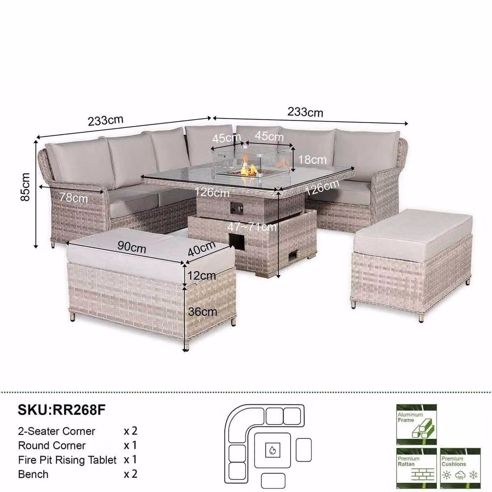 Furnishings For Less UK Rattan Garden Corner Sofa Set with Rising Fire Pit Table and Bench in Grey – 2