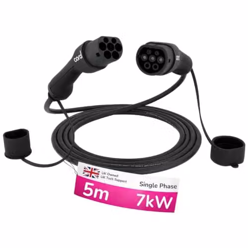 Cord Type 2 to Type 2 EV Charging Cable, 7.4kW, 5 Metre, Black and White
