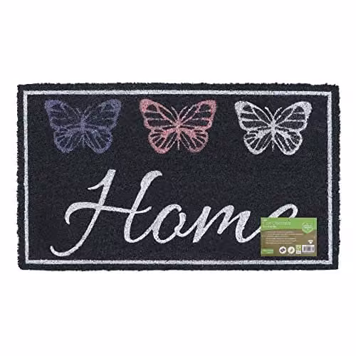 JVL Eco-Friendly Coir Door Mat with Butterfly Design, Black and Sand, W: 70 cm, D: 40 cm