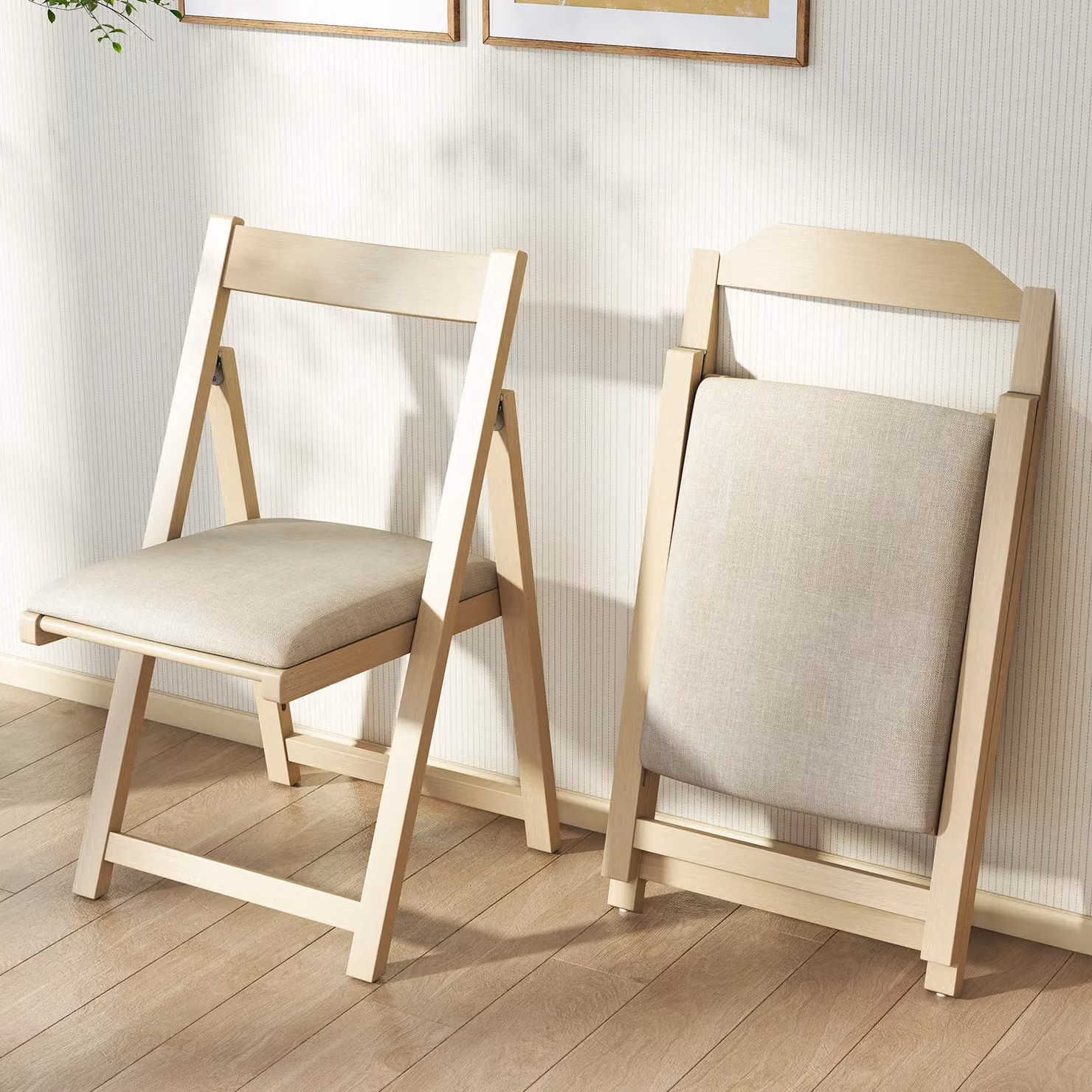 Costway Set of 4 Foldable Armless Dining Chairs in Beige Fabric with Rubberwood Legs – 2